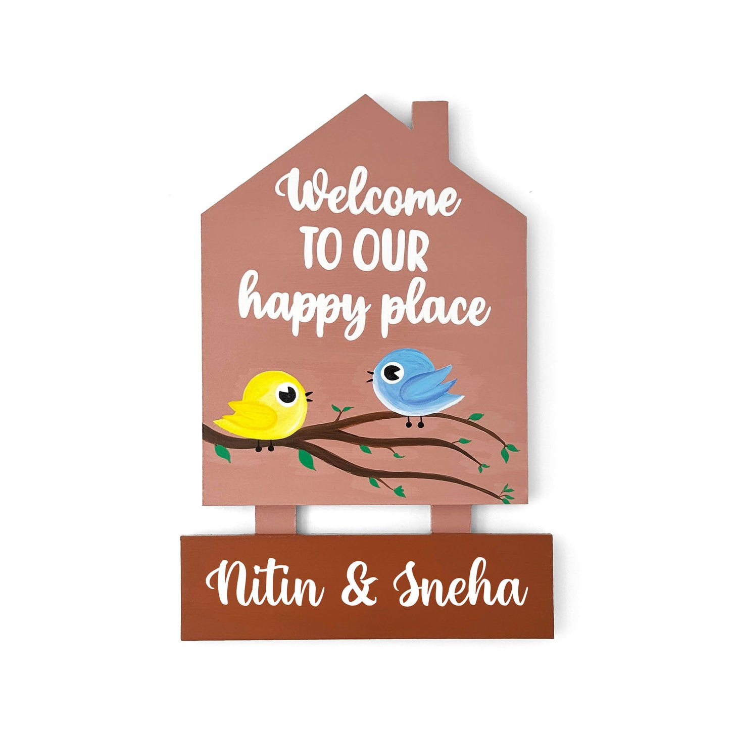 Birds Themed Hut-Shaped Hand-Painted Wooden Name Plate For Home - Hut & One Plank