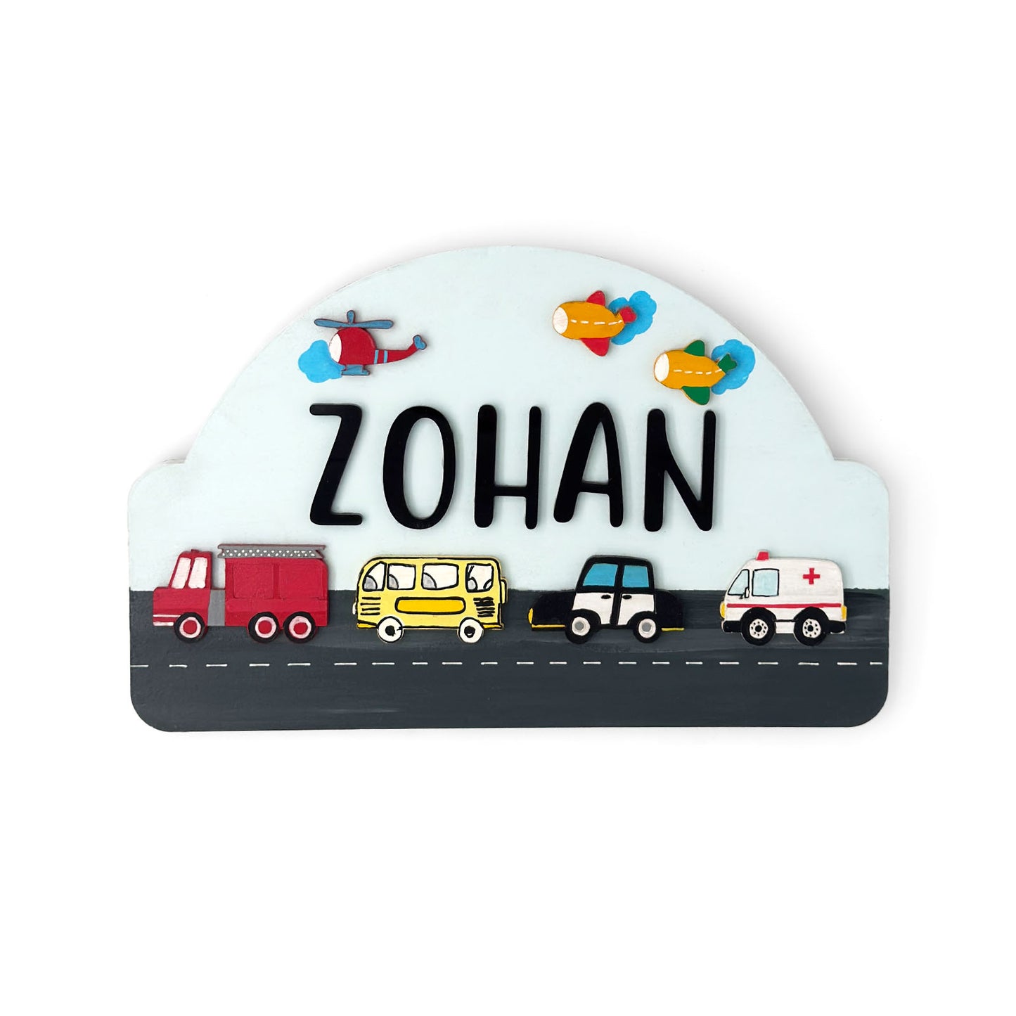 Vehicles Themed Hand-Painted Wooden Arch-Shaped Kids Name Plate