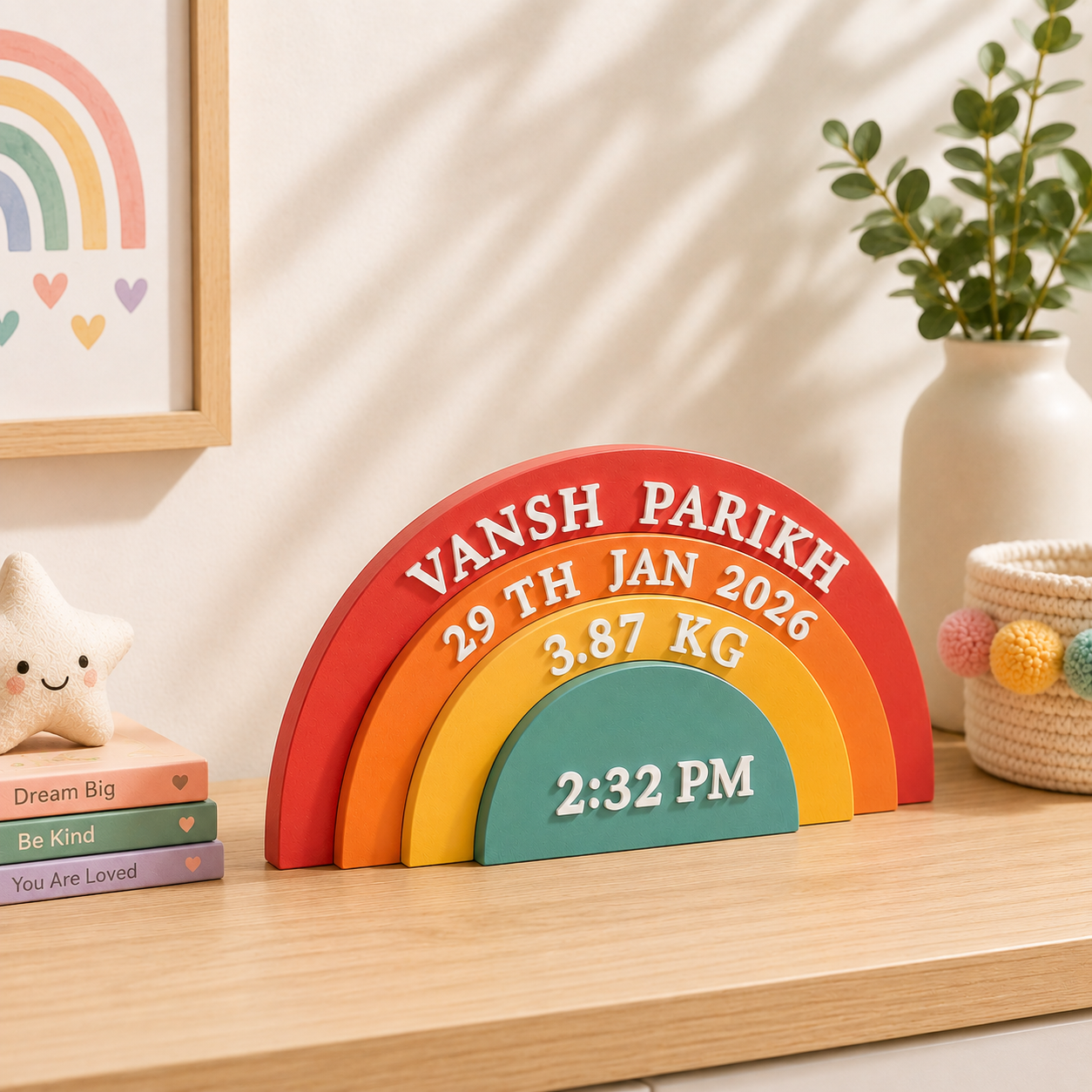 Rainbow Themed Hand-Painted Wooden Personalised Baby Birth Details Name Plate