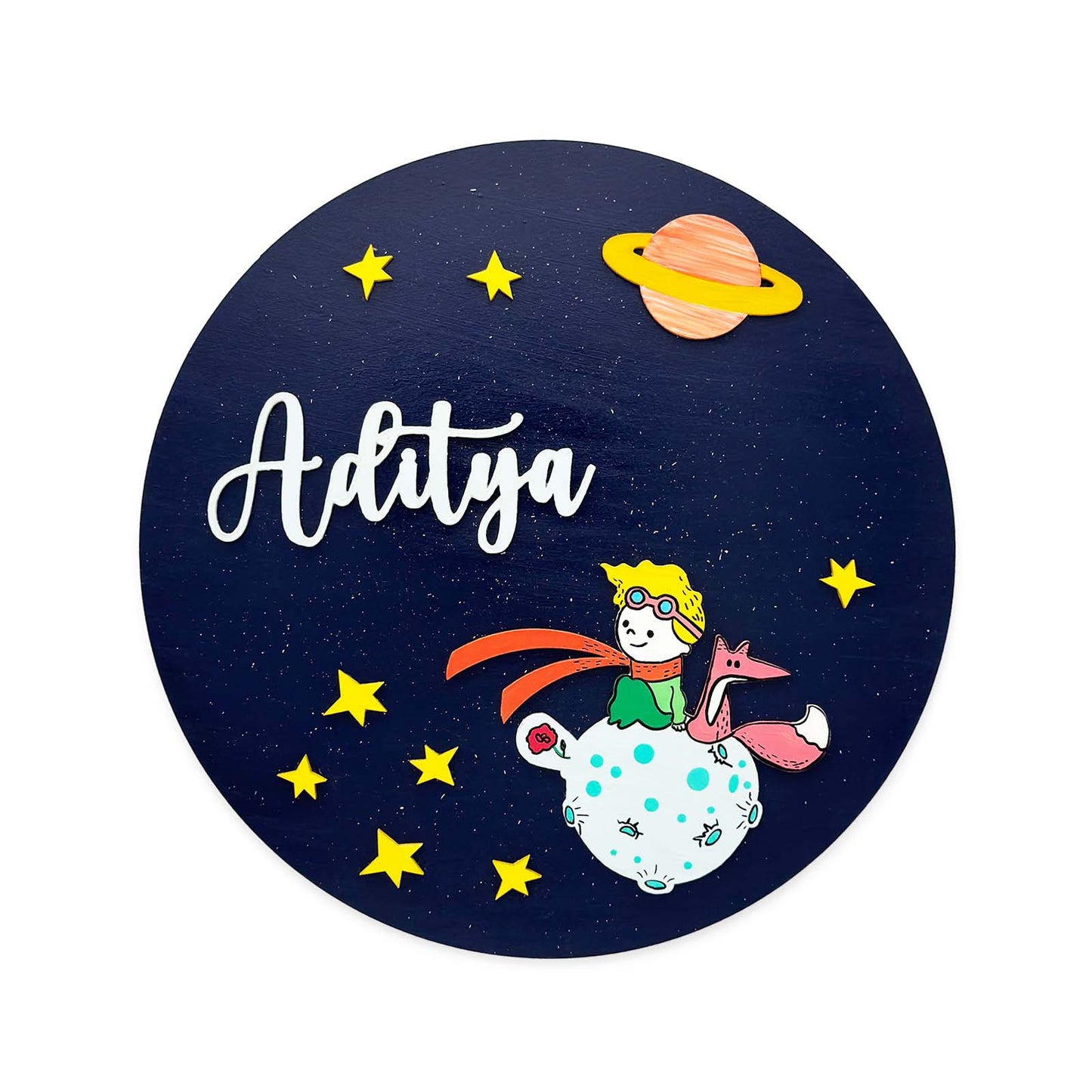 Space Themed Hand-Painted Wooden Round Kids Name Plate - Design 4