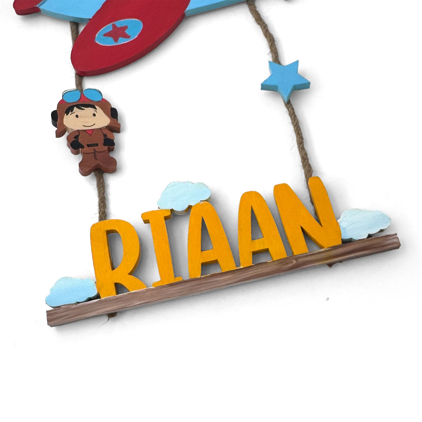 Airplane Pilot Themed Hand-Painted Wooden Kids Name Plate - Design 3
