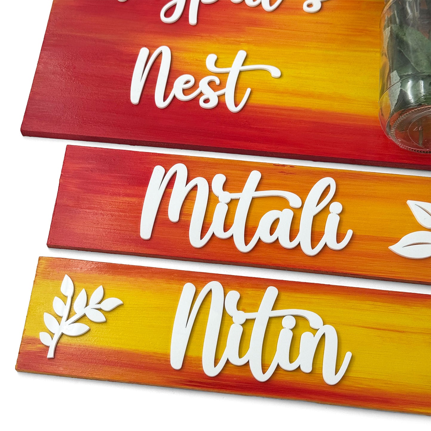 Hand-Painted Wooden Name Plate With Jar For Home - Jar Board & Two Planks