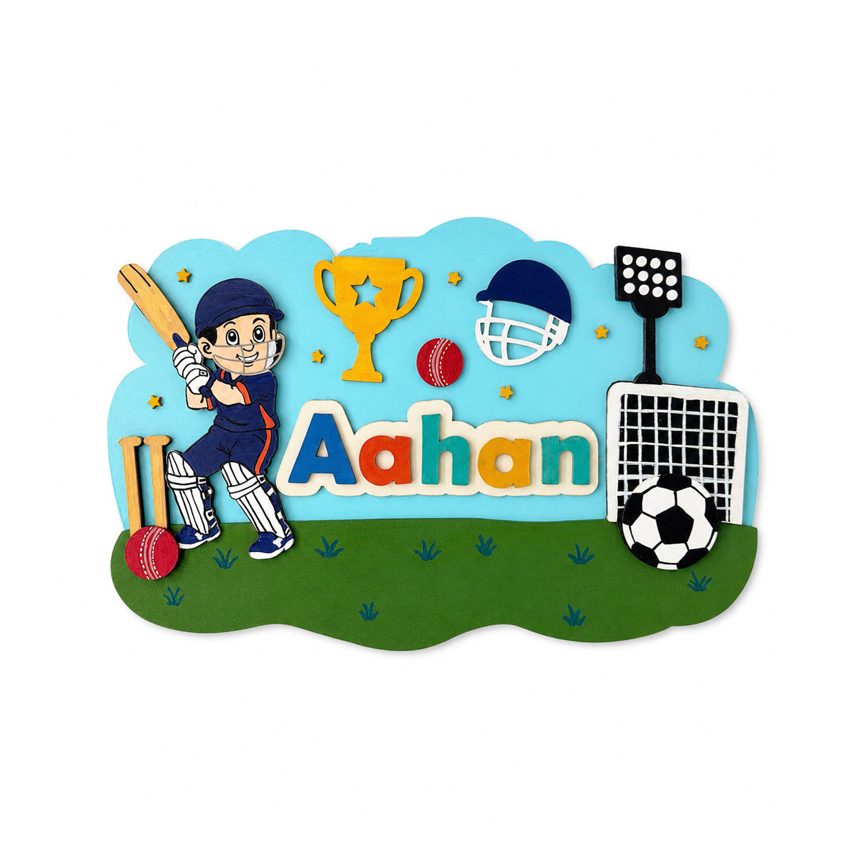 Football & Cricket Themed Hand-Painted Wooden Scalloped Cloud Kids Name Plate - Design 1