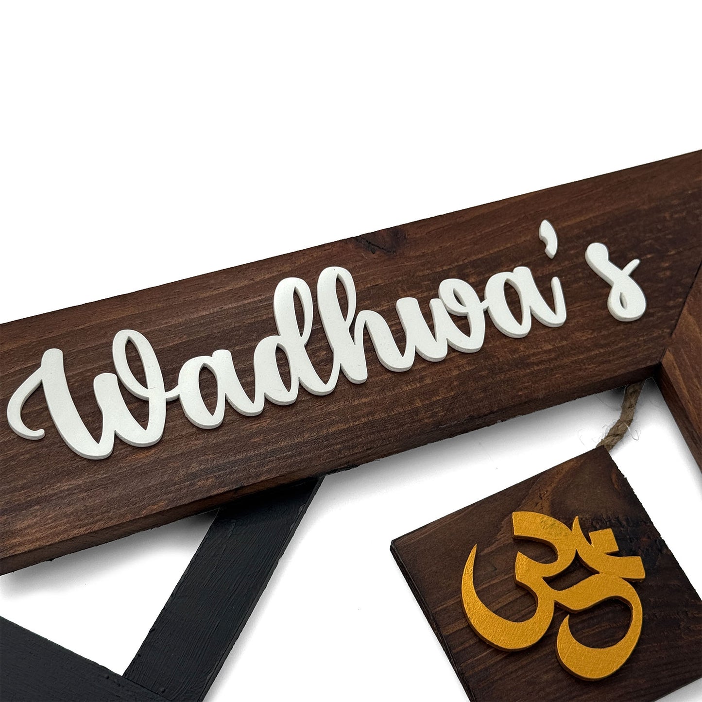 House With Roof And Double Plank Hand-Painted Wooden Hut-Shaped Name Plate For Home - Black & Wooden Finish