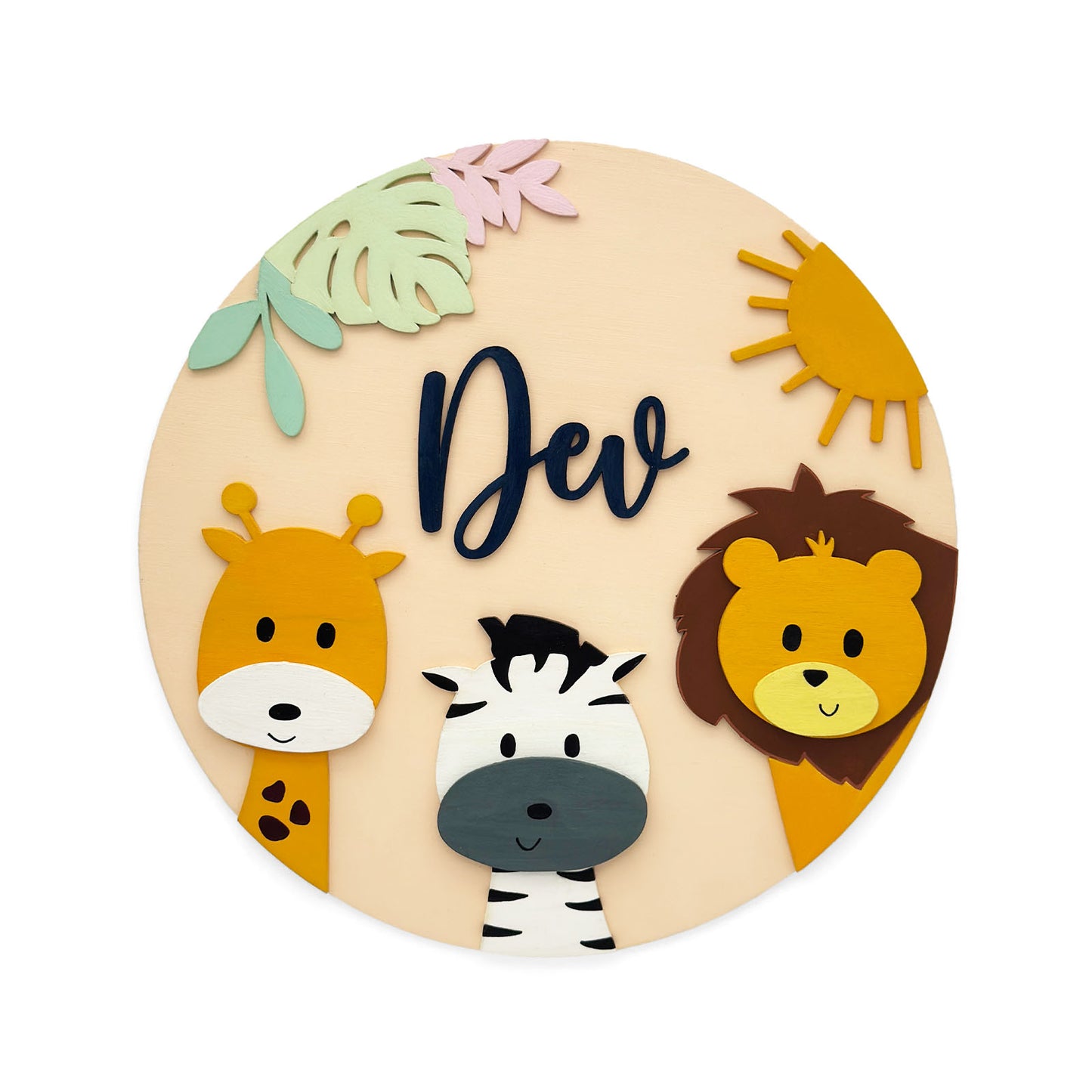 Animal Themed Hand-Painted Wooden Round Kids Name Plate - Design 1