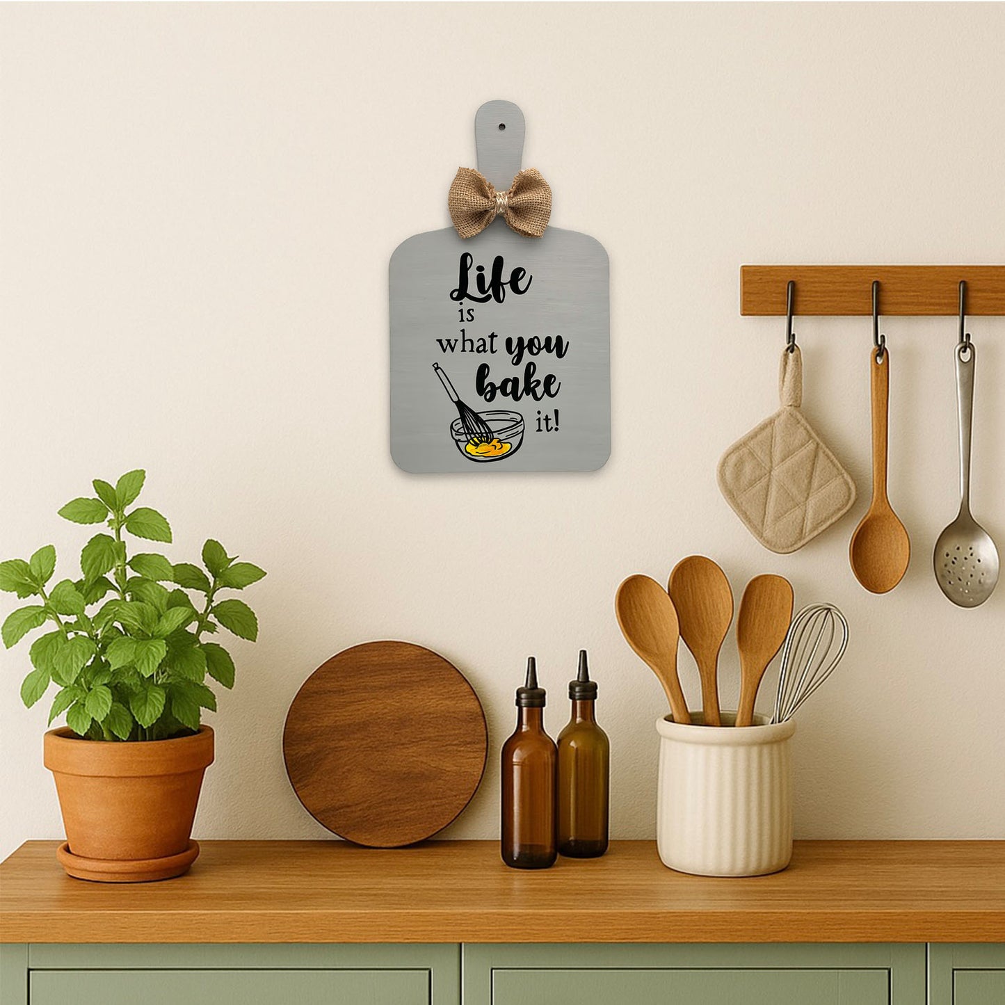 Life Is What You Bake It Hand-Painted Wooden Chopping Board Kitchen Wall Hanging - Grey