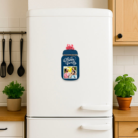 Happy Family Hand-Painted Wooden Jar Fridge Magnet With Photo - Dark Blue