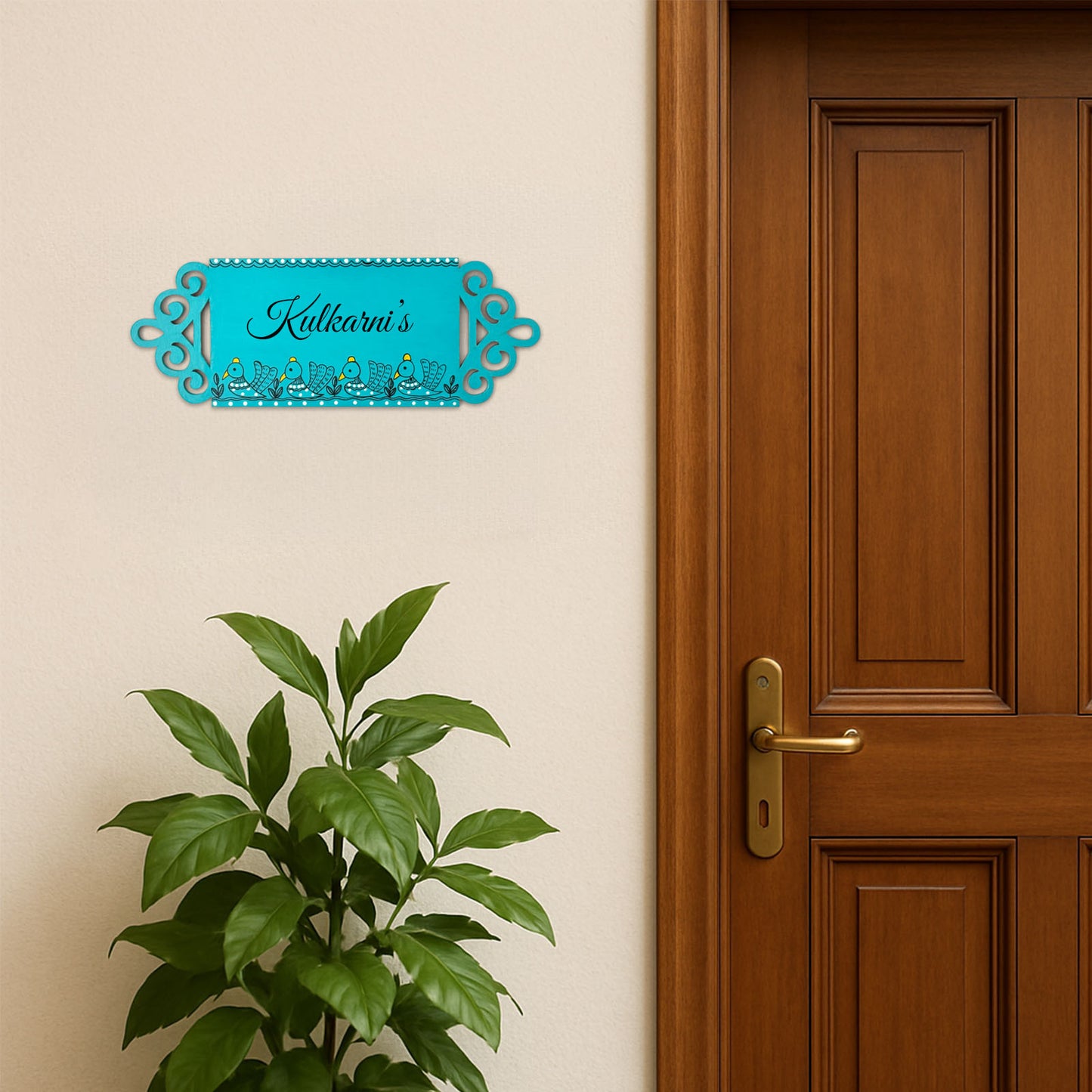 Peacock Artwork Hand-Painted Wooden Madhubani Name Plate For Home