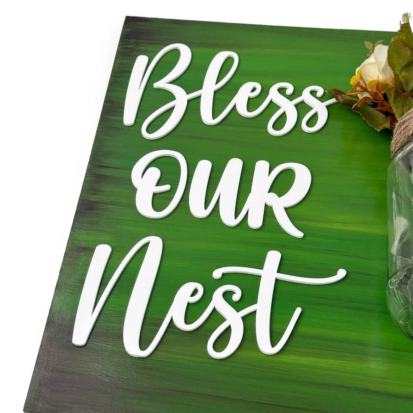 Green Hand-Painted Wooden Name Plate With Jar For Home - Jar Board & One Plank