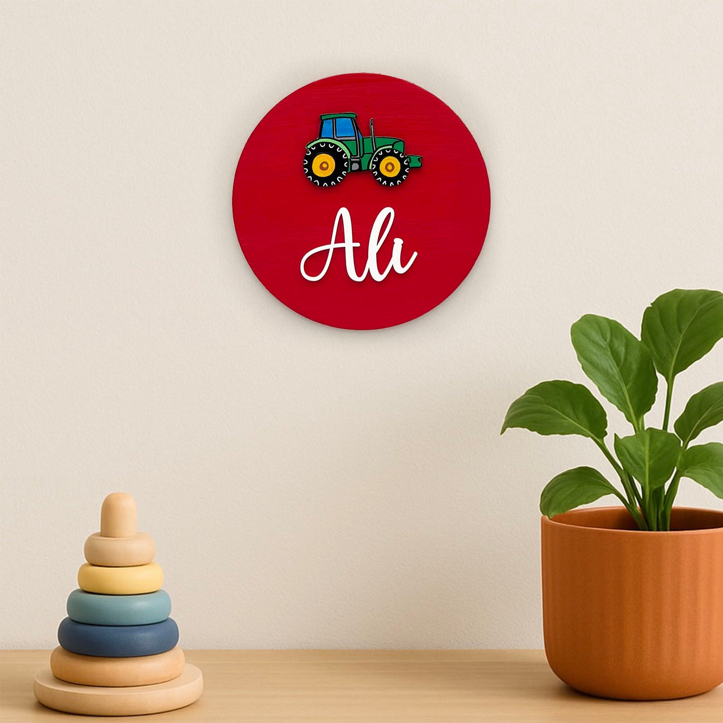 Tractor Themed Hand-Painted Wooden Mini Kids Name Plate