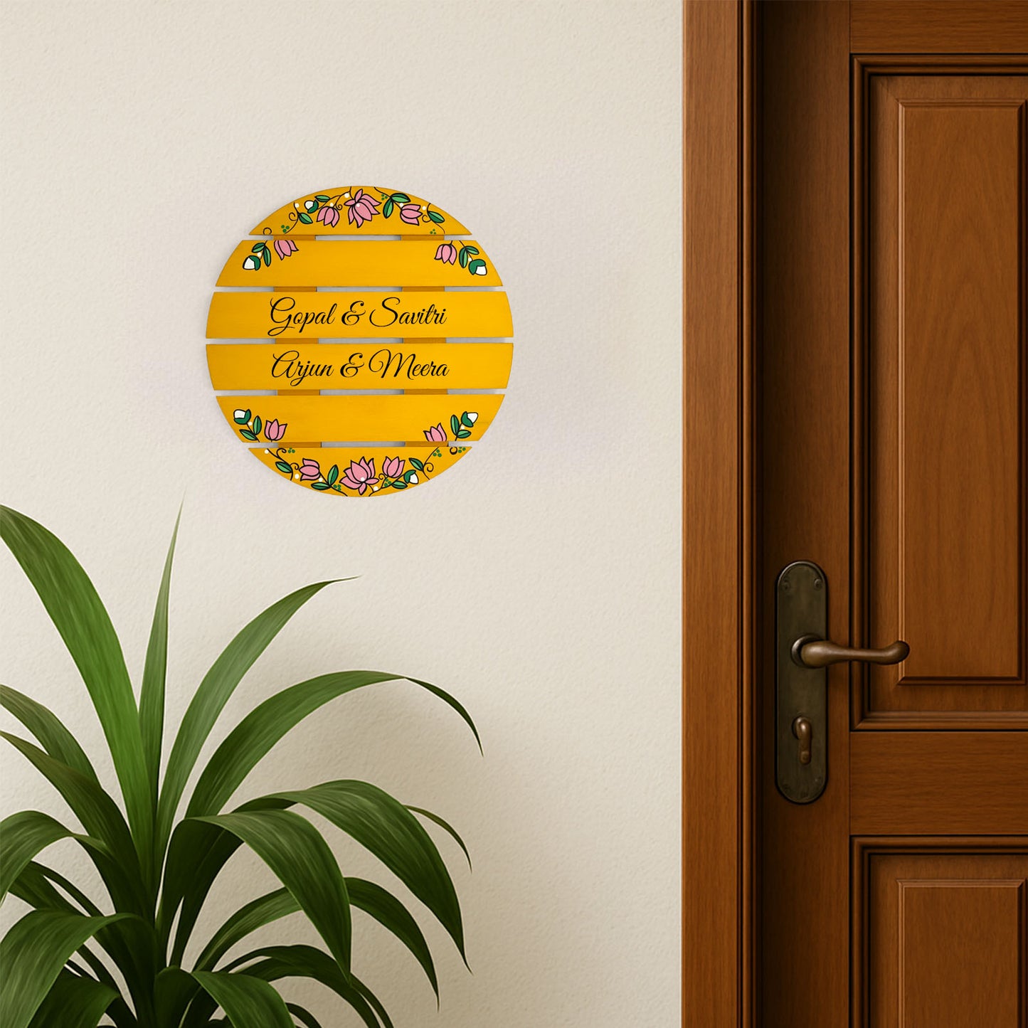 Lotus Artwork Hand-Painted Wooden Madhubani Round Name Plate For Home