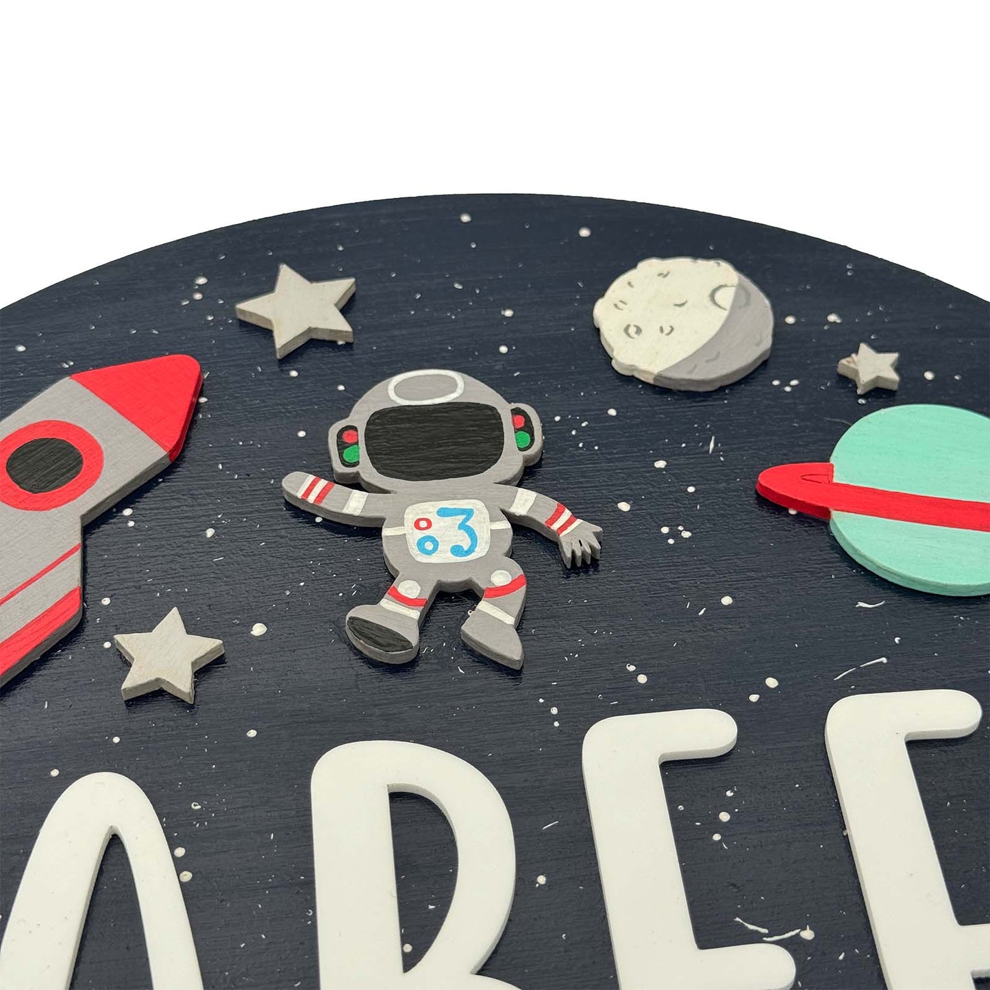 Space  Themed Hand-Painted Wooden Kids Name Plate - Blue