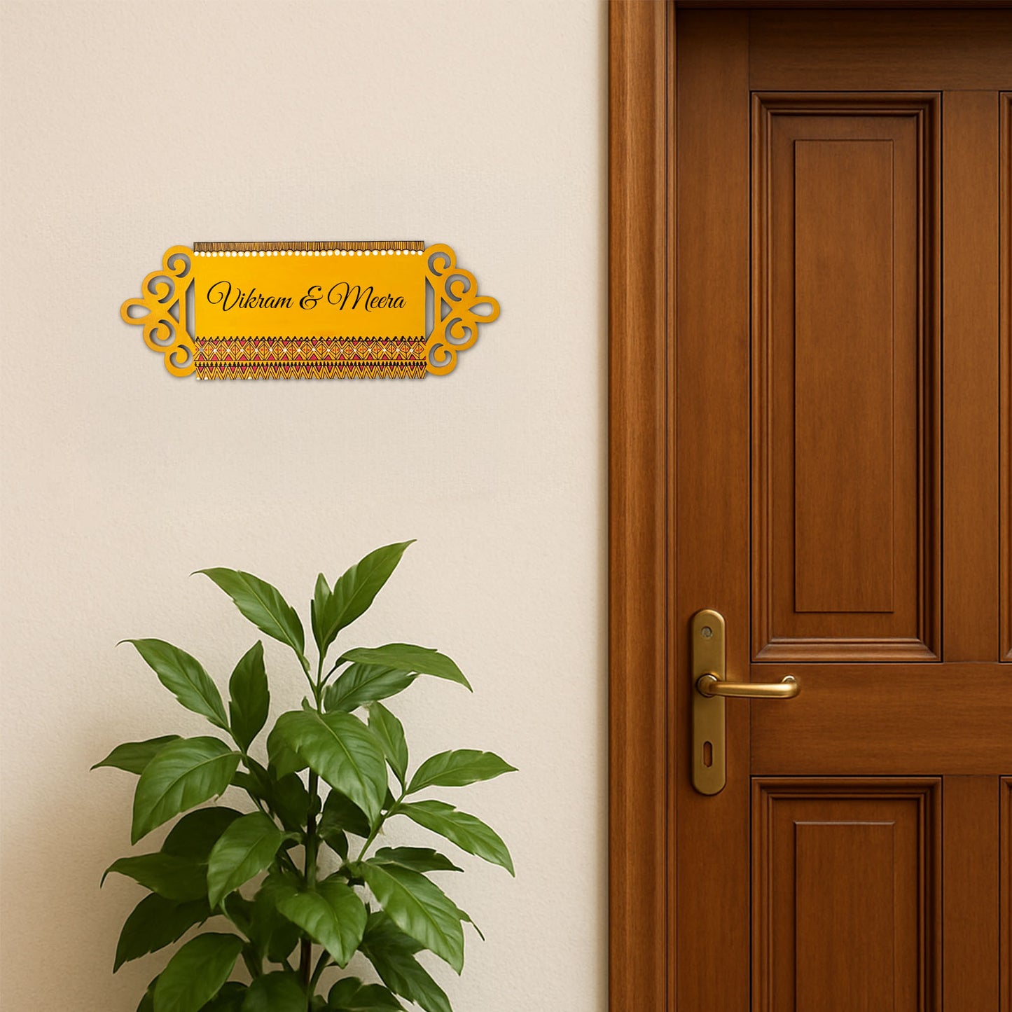 Geometric Artwork Hand-Painted Wooden Madhubani Name Plate For Home