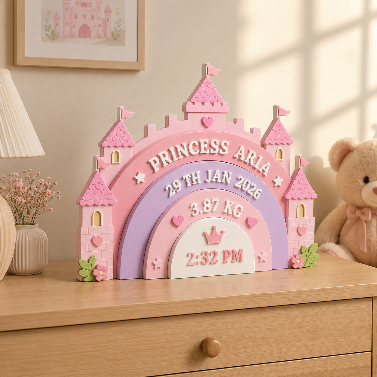 Princess Castle Themed Hand-Painted Wooden Personalised Baby Birth Details Name Plate