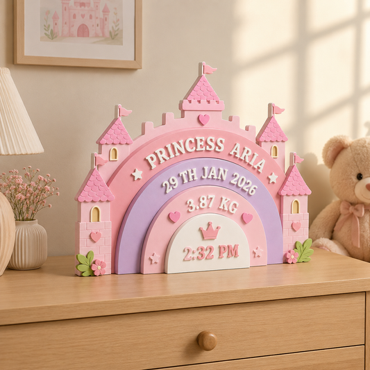 Princess Castle Themed Hand-Painted Wooden Personalised Baby Birth Details Name Plate
