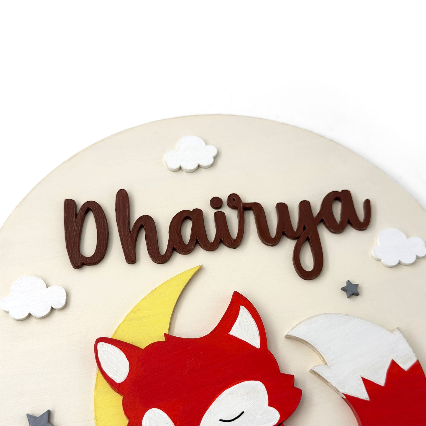 Fox Themed Hand-Painted Wooden Round Kids Name Plate - Design 1