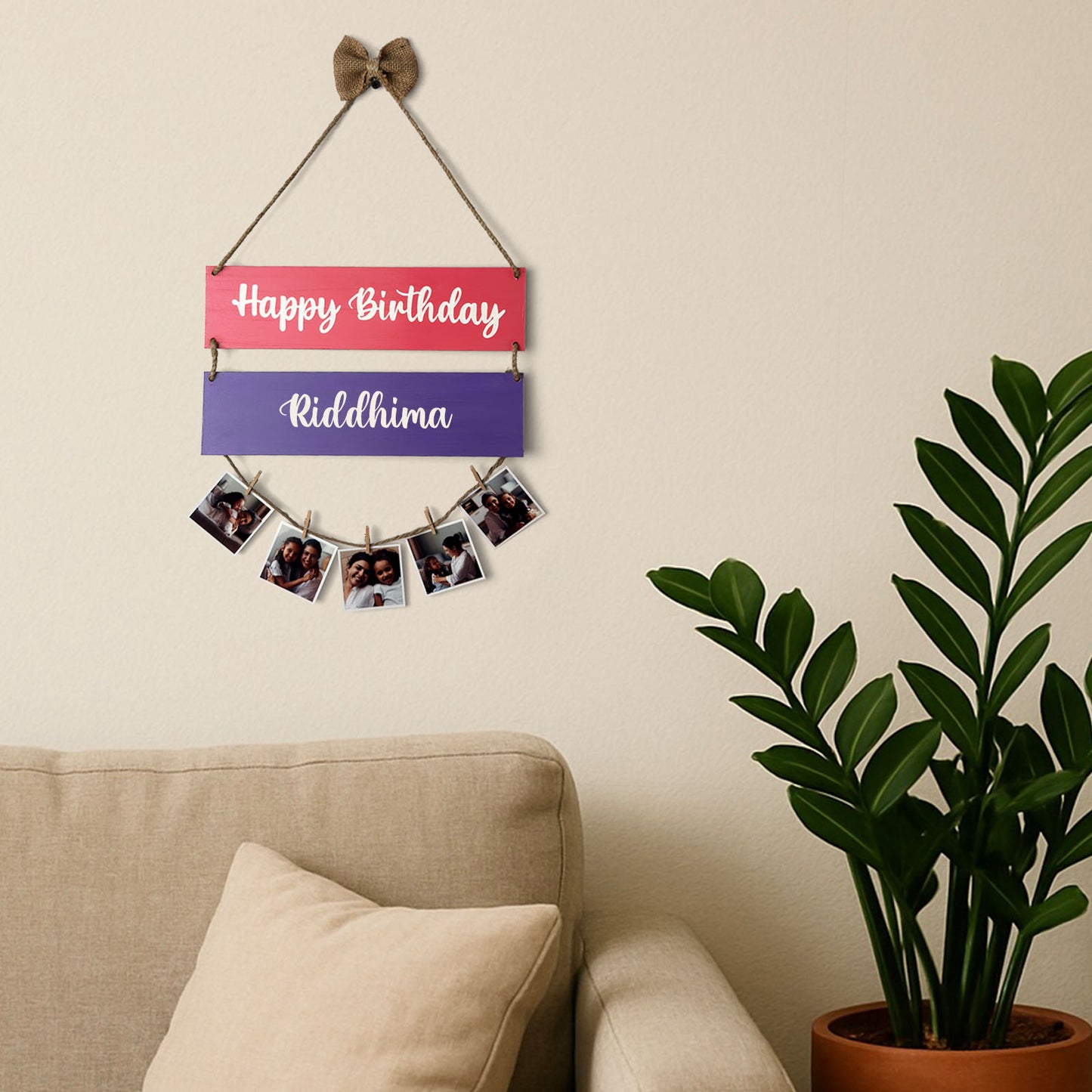 Happy Birthday Personalised Hand-Painted Wooden Photo Holder - Pink & Purple