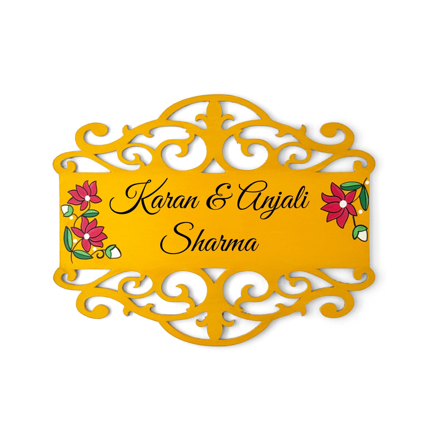 Lotus Artwork Hand-Painted Wooden Madhubani Name Plate For Home