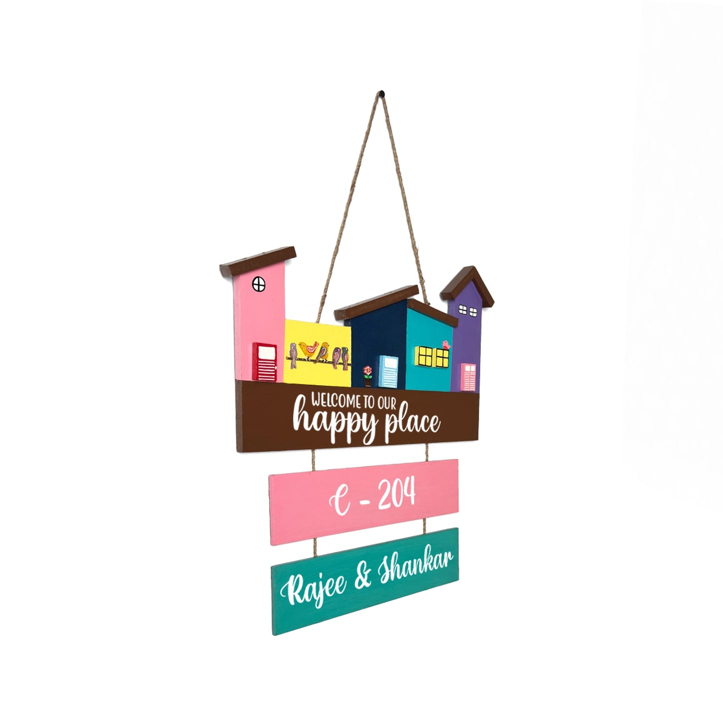 Hut-Shaped Hand-Painted Wooden Name Plate For Home - Hut Board & Two Planks Design 6