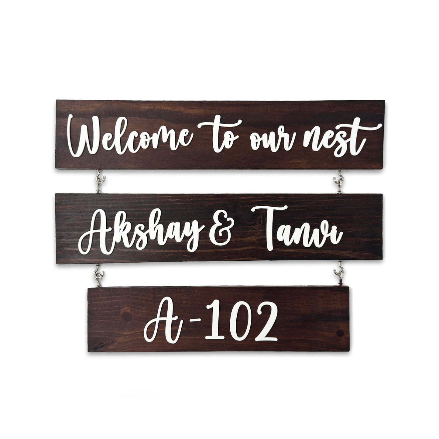 Three Plank Hand-Painted Wooden Name Plate For Home - Wooden Finish