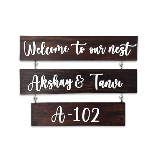 Three Plank Hand-Painted Wooden Name Plate For Home - Wooden Finish