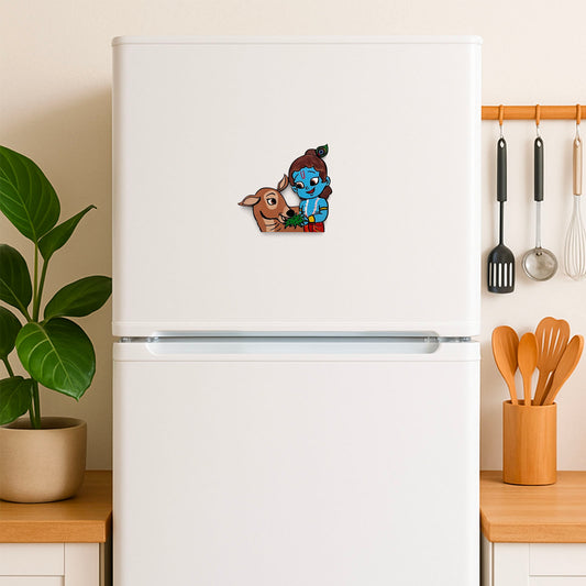 Krishna Ji With Cow Hand-Painted Wooden Fridge Magnet