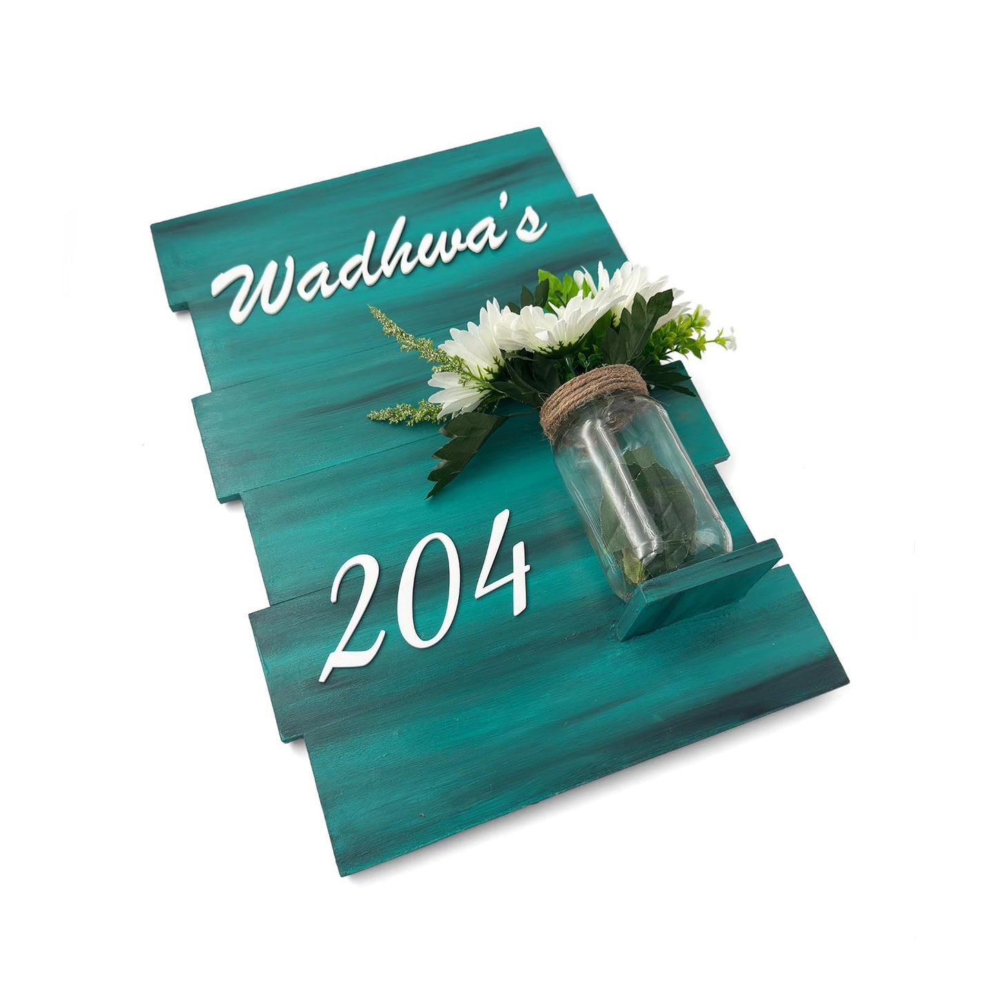Teal Hand-Painted Wooden Name Plate With Jar For Home - Design 1