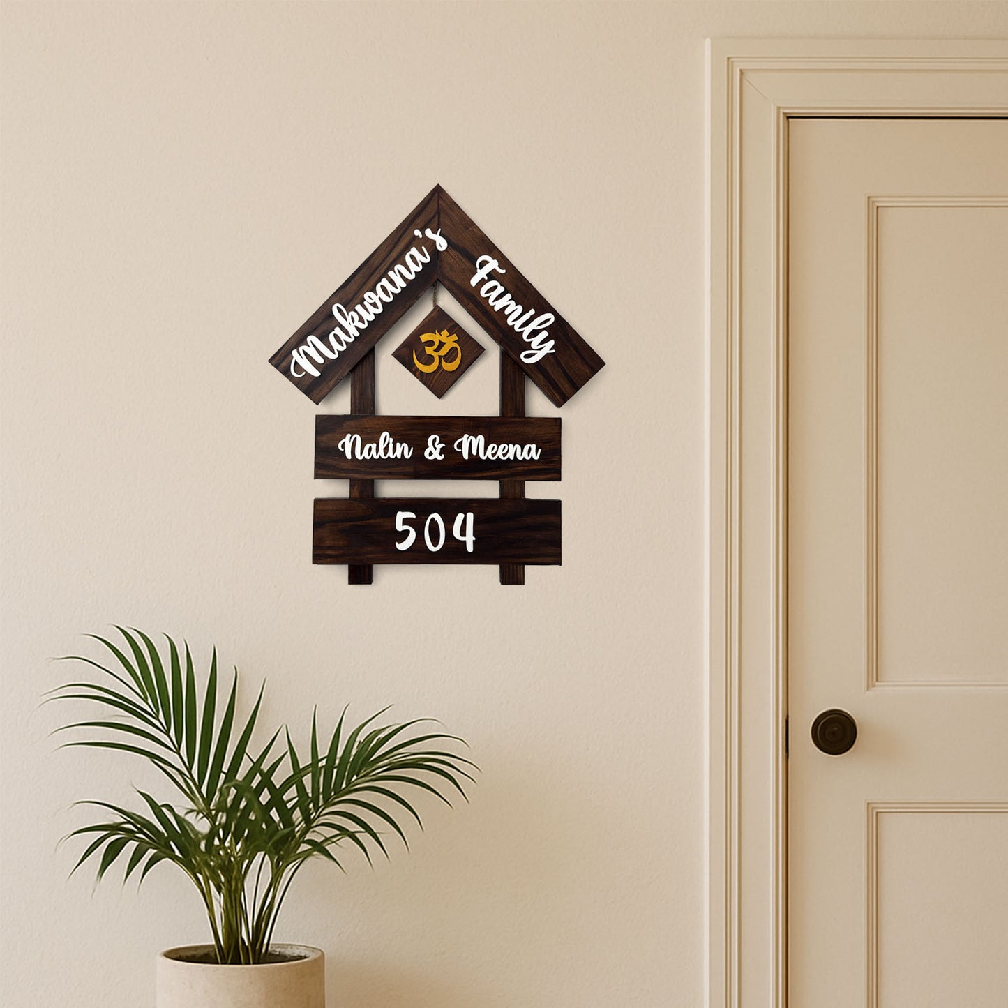 House With Roof And Double Plank Hand-Painted Wooden Hut-Shaped Name Plate For Home - Wooden Finish