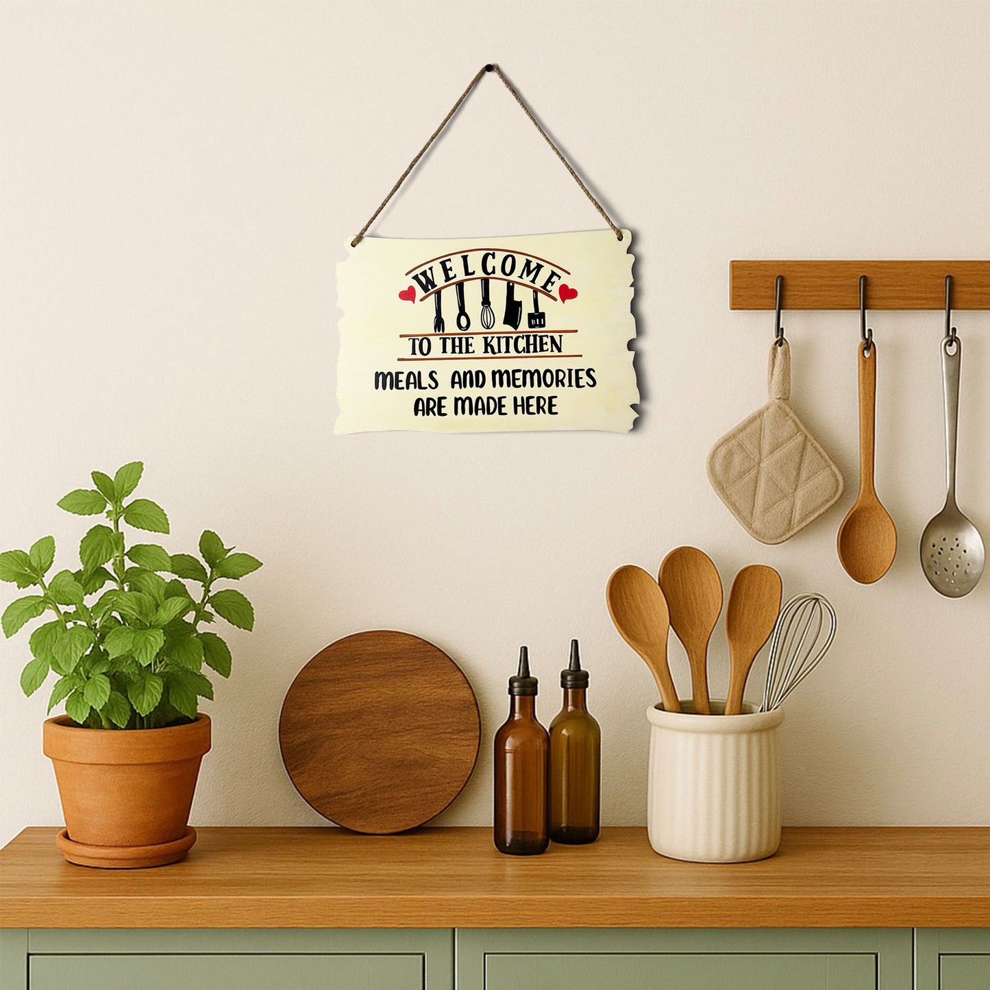 Welcome To My Kitchen Hand-Painted Wooden Kitchen Wall Hanging - Beige