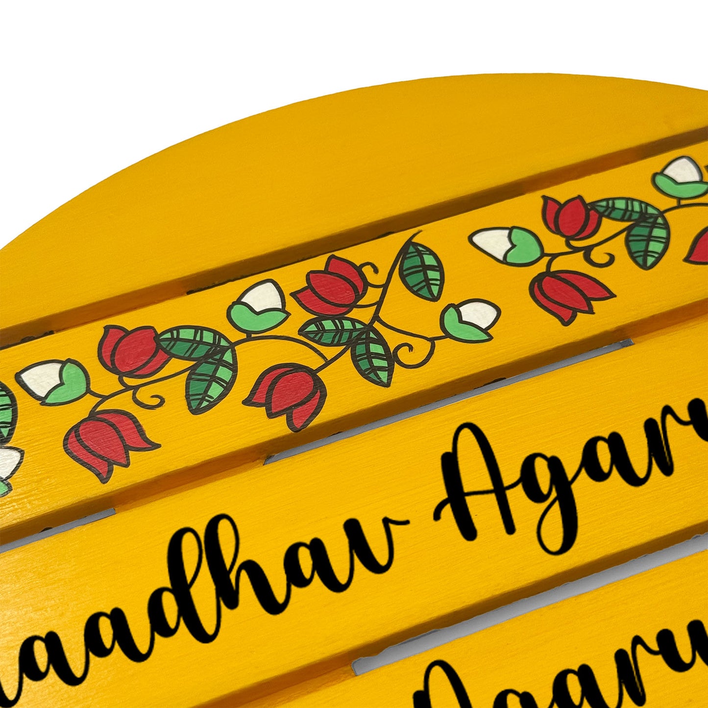 Lotus Creeper Artwork Hand-Painted Wooden Madhubani Round Name Plate For Home