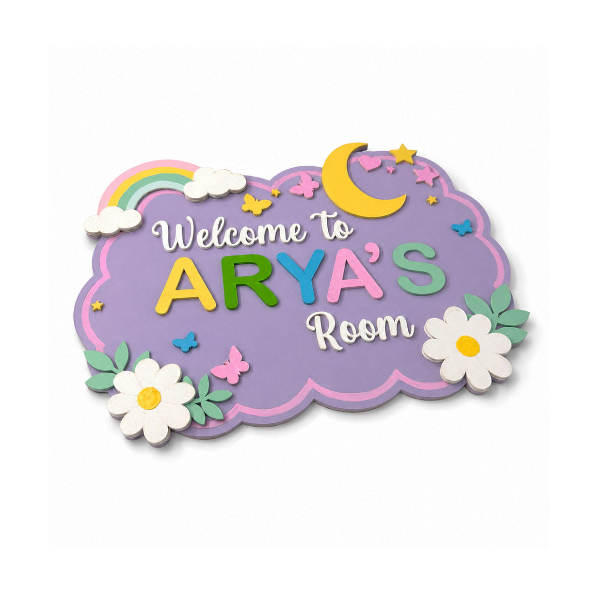 Rainbow & Flowers Themed Hand-Painted Wooden Scalloped Cloud Kids Name Plate - Design 1