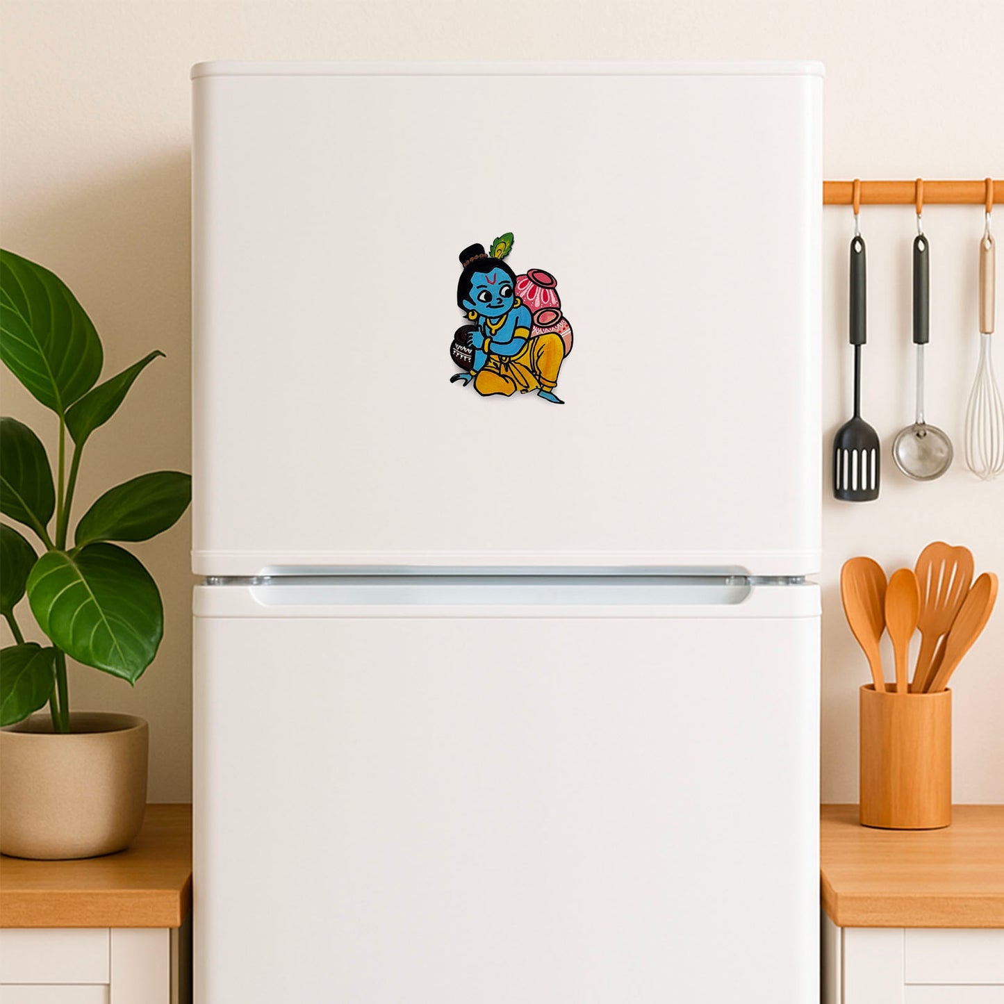 Lord Krishna With Pots Of Butter Hand-Painted Wooden Fridge Magnet