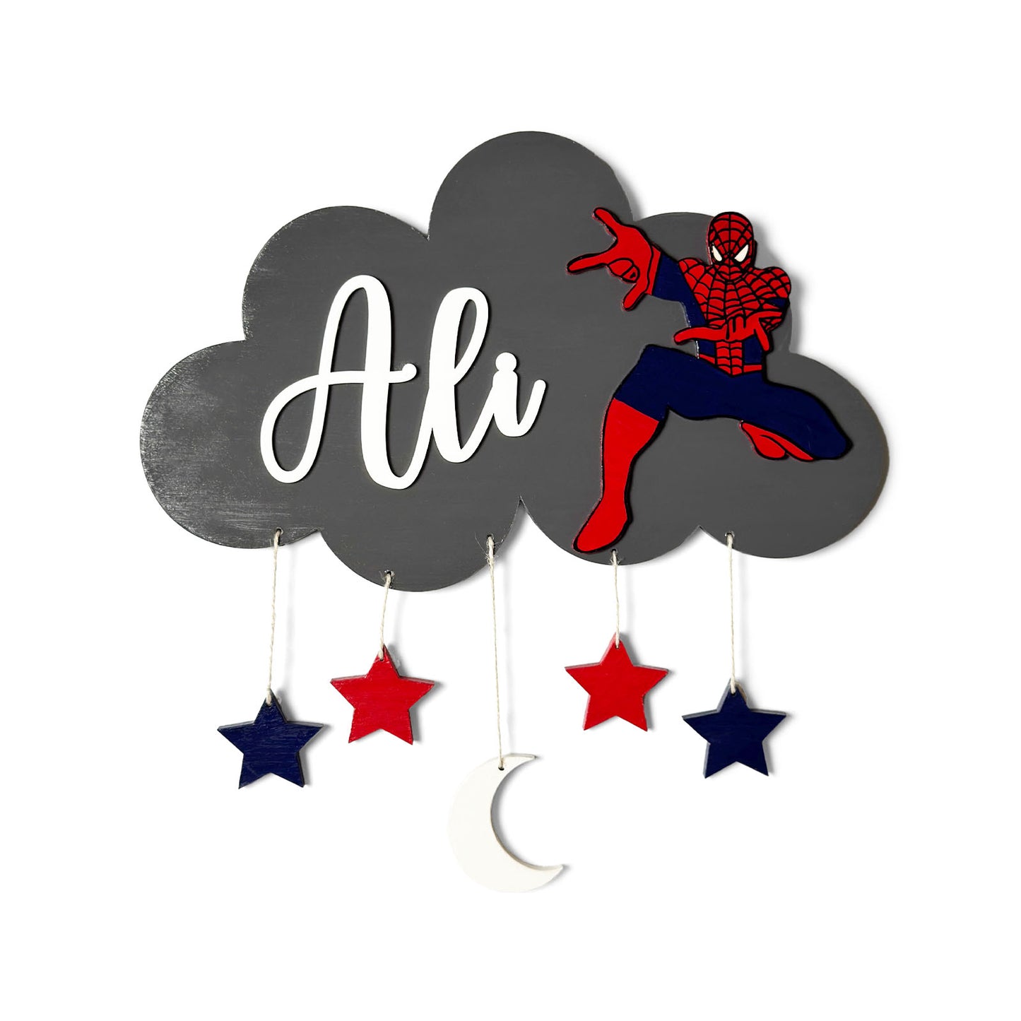 Cloud & Spiderman Themed Hand-Painted Wooden Kids Name Plate