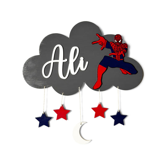 Cloud & Spiderman Themed Hand-Painted Wooden Kids Name Plate