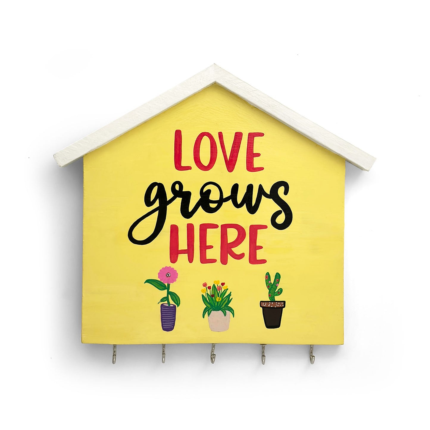 Hand-Painted Wooden Hut Key Holder - Love Grows Here
