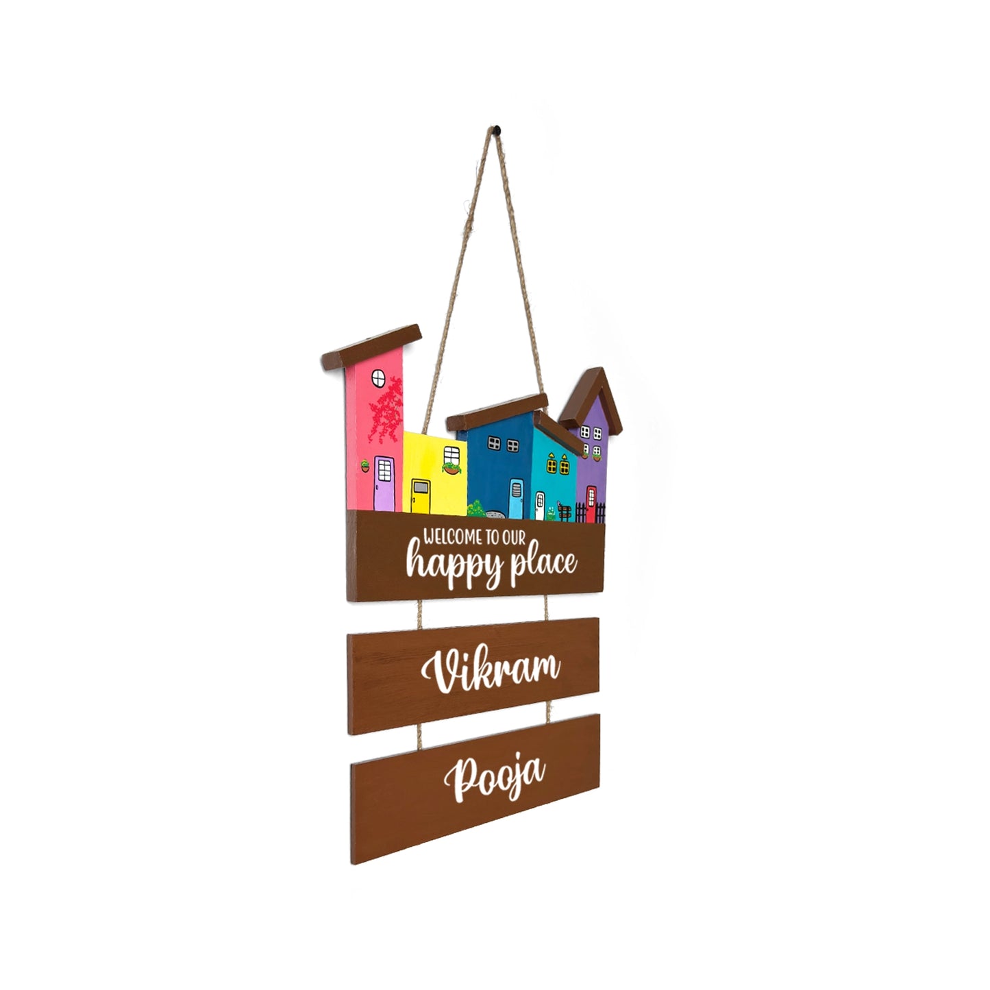 Hut-Shaped Hand-Painted Wooden Name Plate For Home - Hut Board & Two Planks Design 3