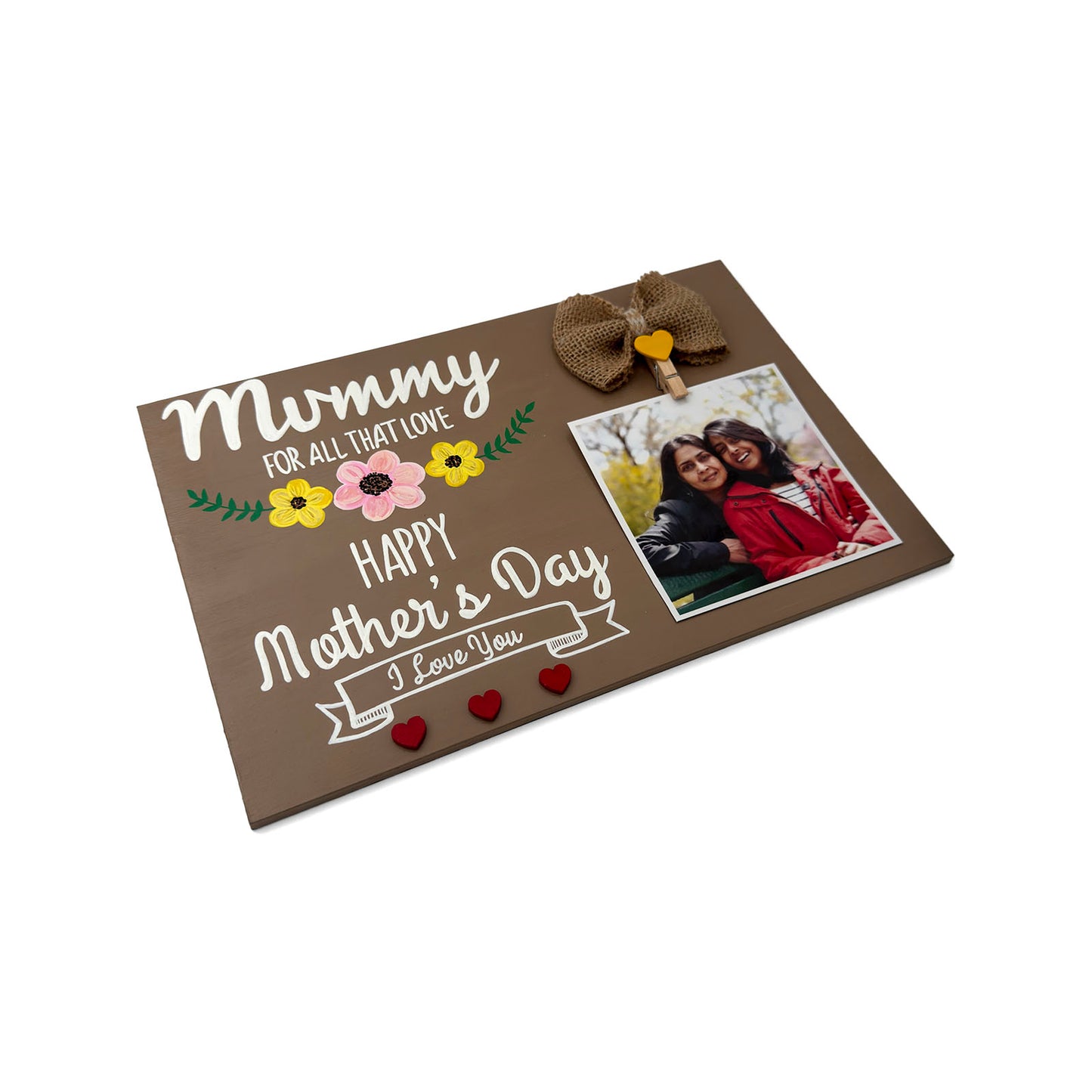 Mother's Day Hand-Painted Wooden Photo Holder - Light Brown