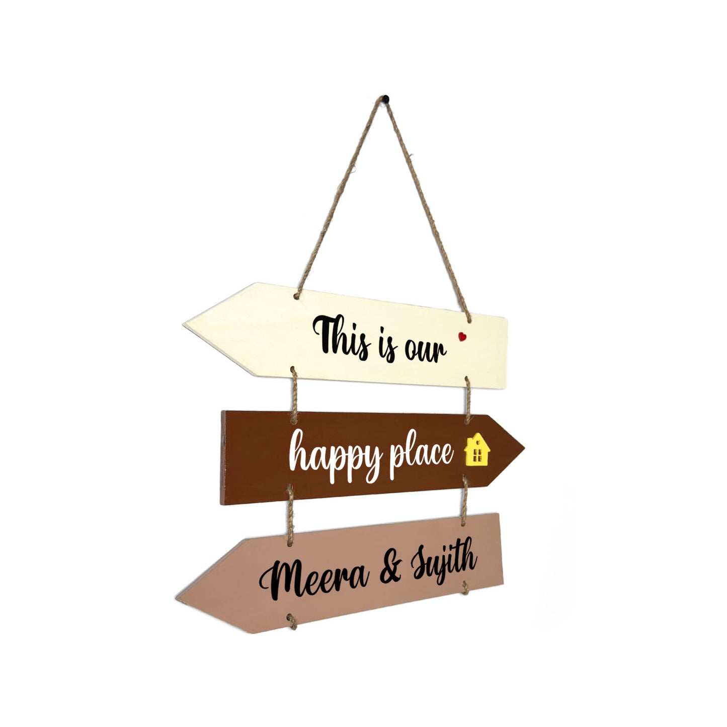 This Is Our Happy Place Hand-Painted Wooden Arrow Plank Name Plate For Home - Three Planks