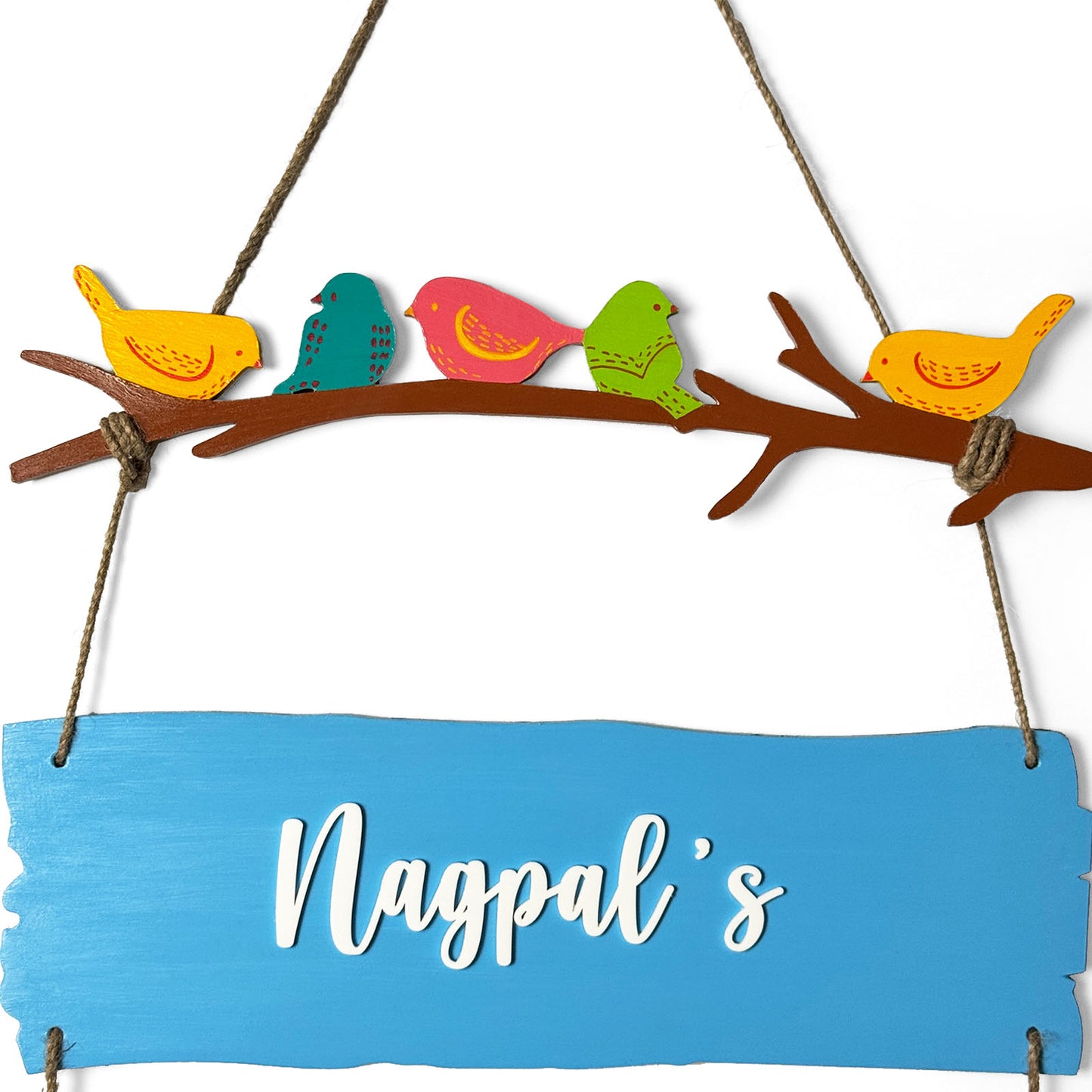 Birds Themed Hand-Painted Wooden Name Plate For Home - Three Planks