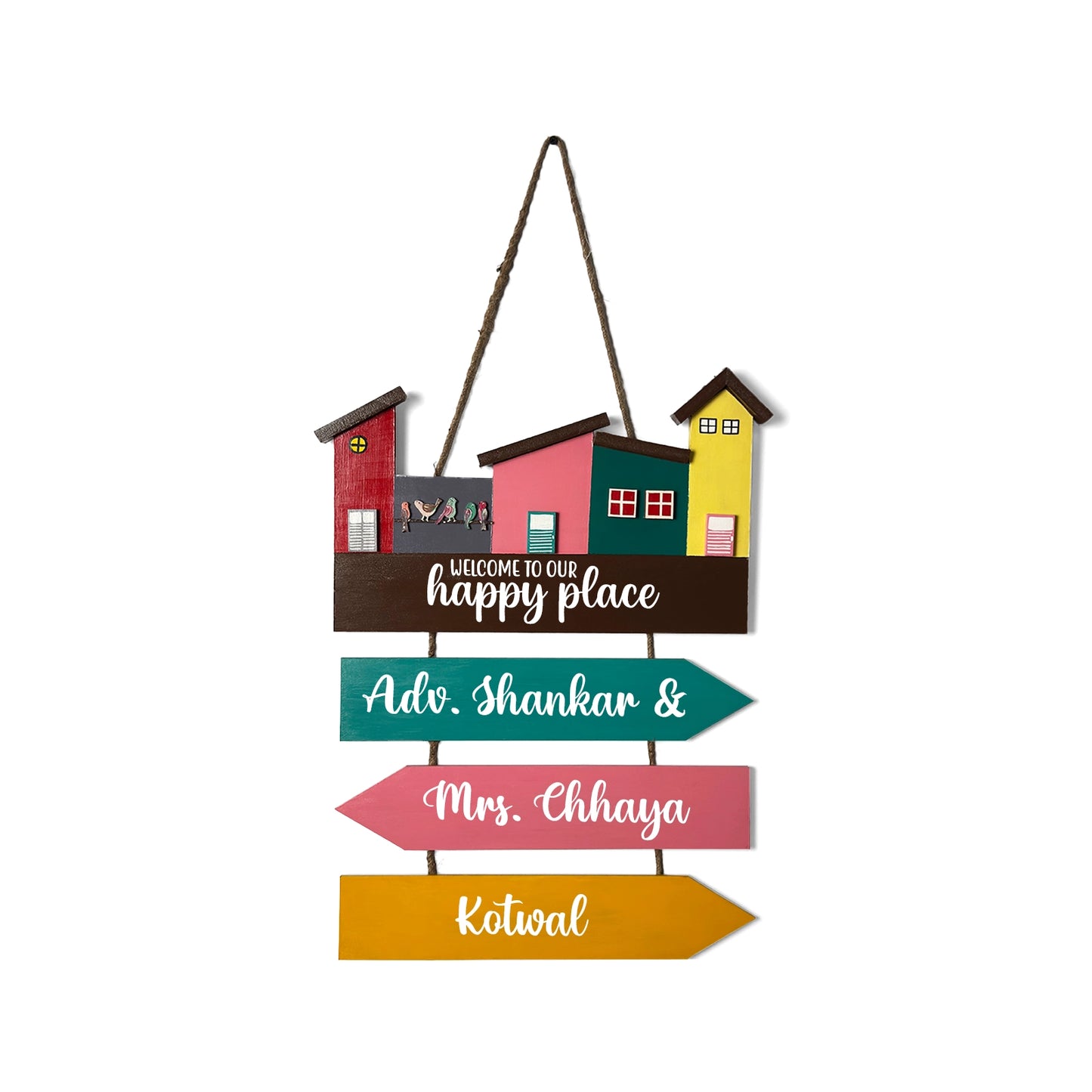 Hut-Shaped Hand-Painted Wooden Name Plate For Home - Hut Board & Three Planks Design 4