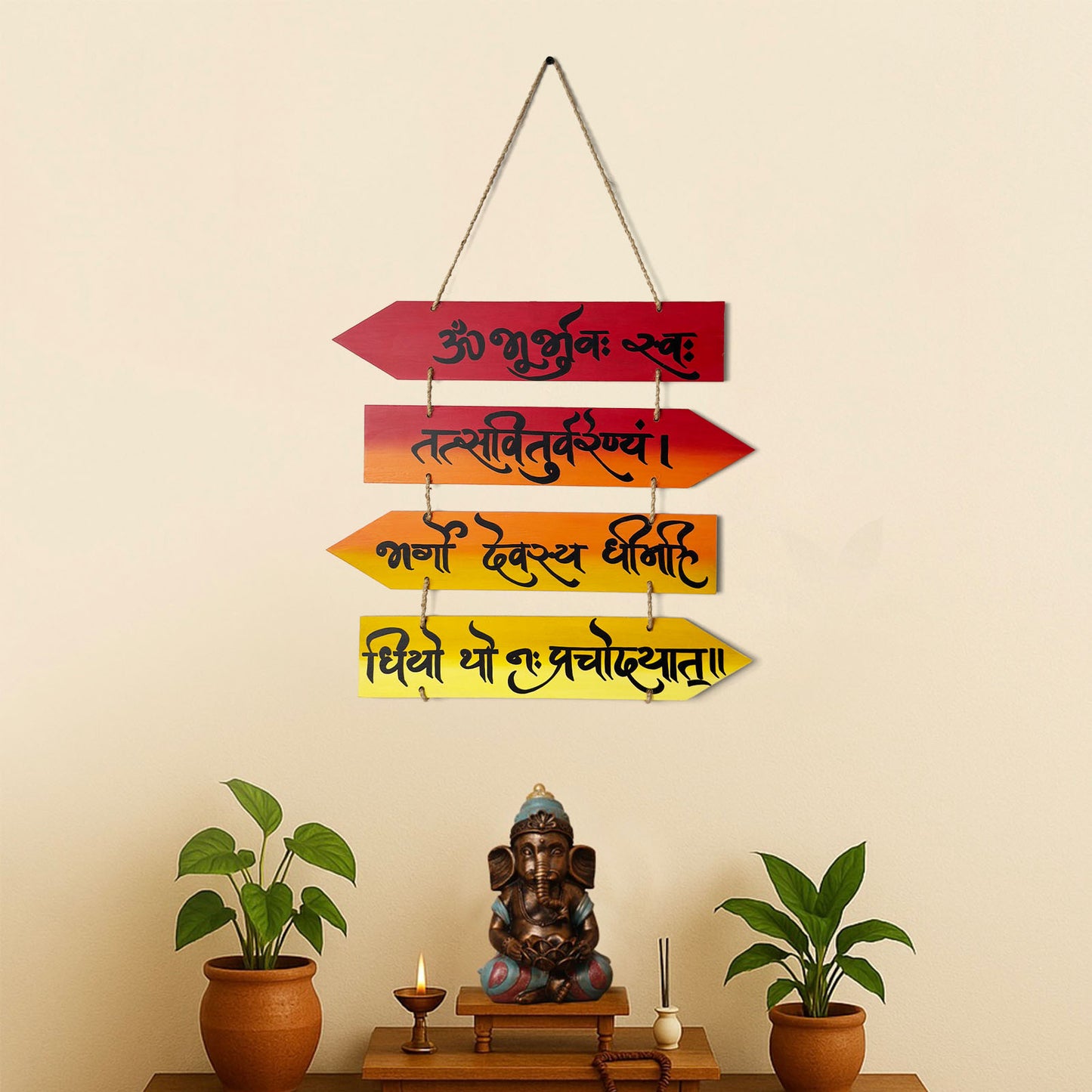 Gayatri Mantra Hand-Painted Wooden Arrow Plank Hanging - Red With Black Text