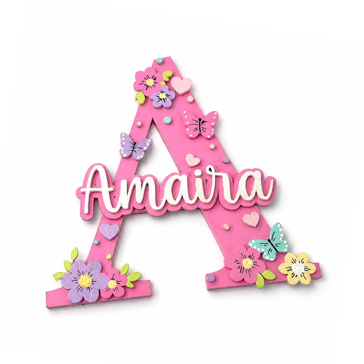 Butterfly & Flower Themed Layered Alphabet Initial Hand-Painted Wooden Kids Name Plate - Design 1