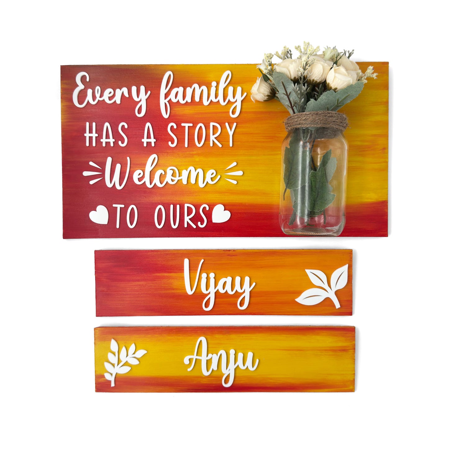 Every Family Has A Story Welcome To Ours Hand-Painted Wooden Name Plate With Jar For Home - Jar Board & Two Planks