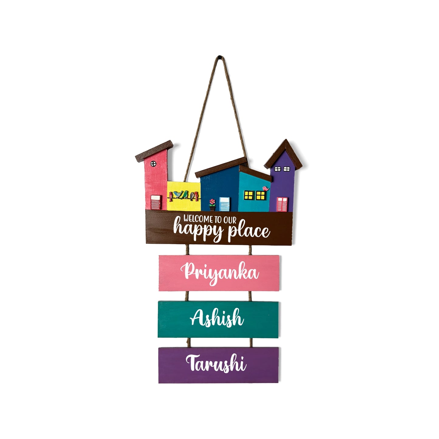 Hut-Shaped Hand-Painted Wooden Name Plate For Home - Hut Board & Three Planks Design 6