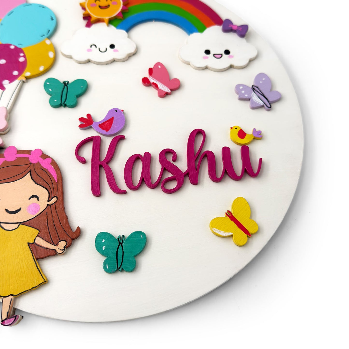Girl With Balloons Themed Hand-Painted Wooden Round Kids Name Plate
