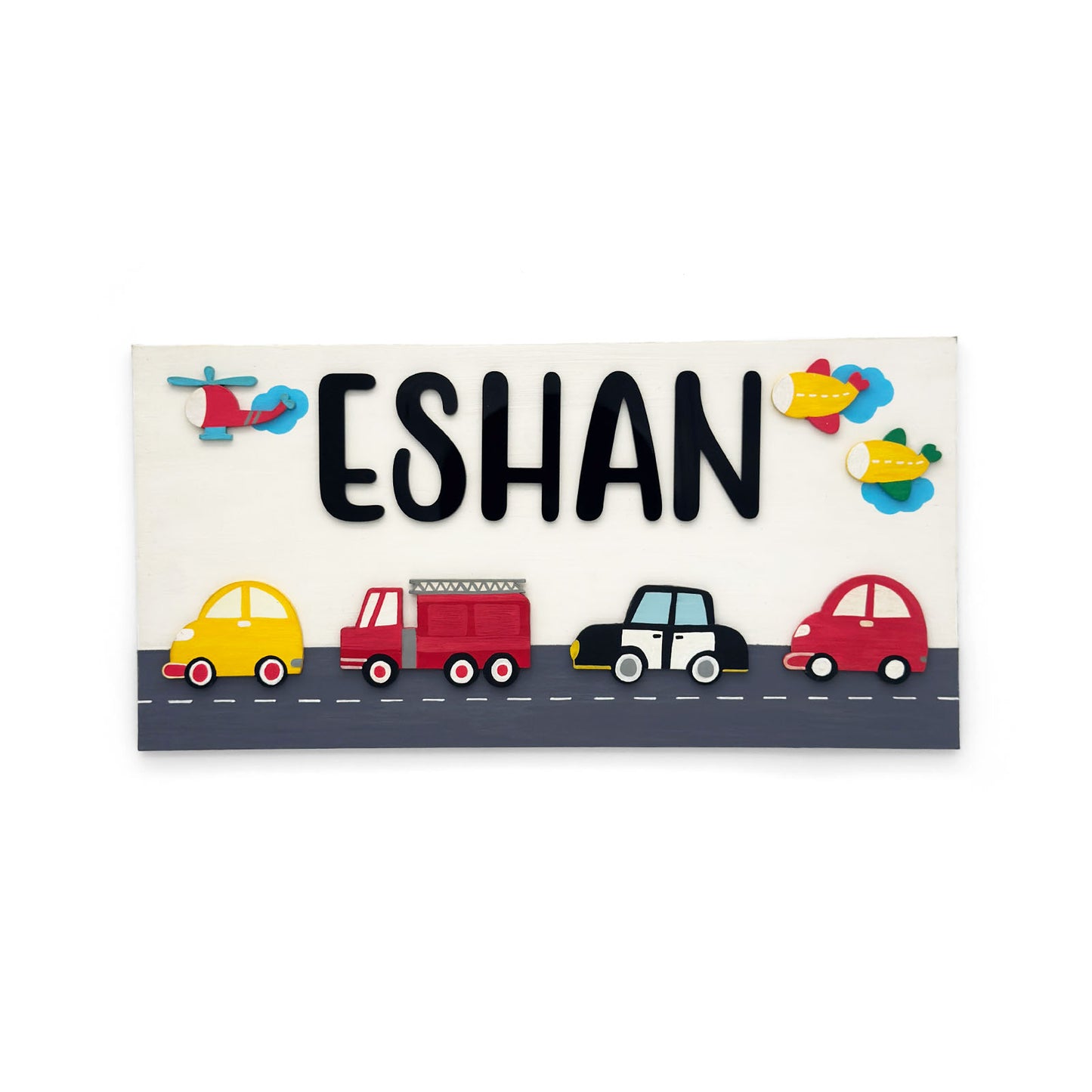 Vehicles Themed Hand-Painted Wooden Kids Name Plate - White