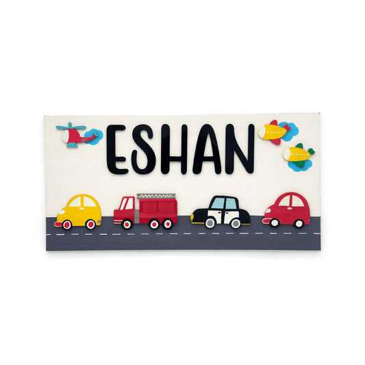 Vehicles Themed Hand-Painted Wooden Kids Name Plate - White