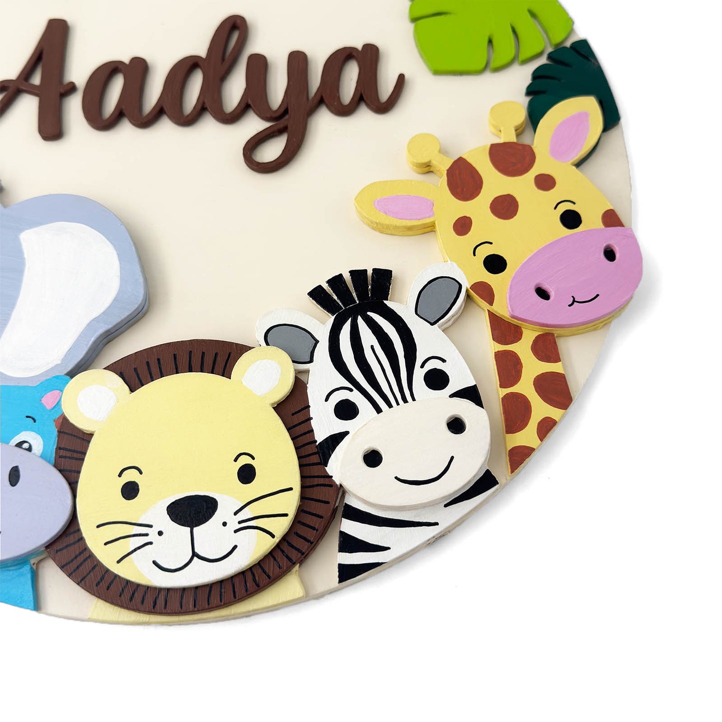 Animal Themed Hand-Painted Wooden Round Kids Name Plate - Design 6