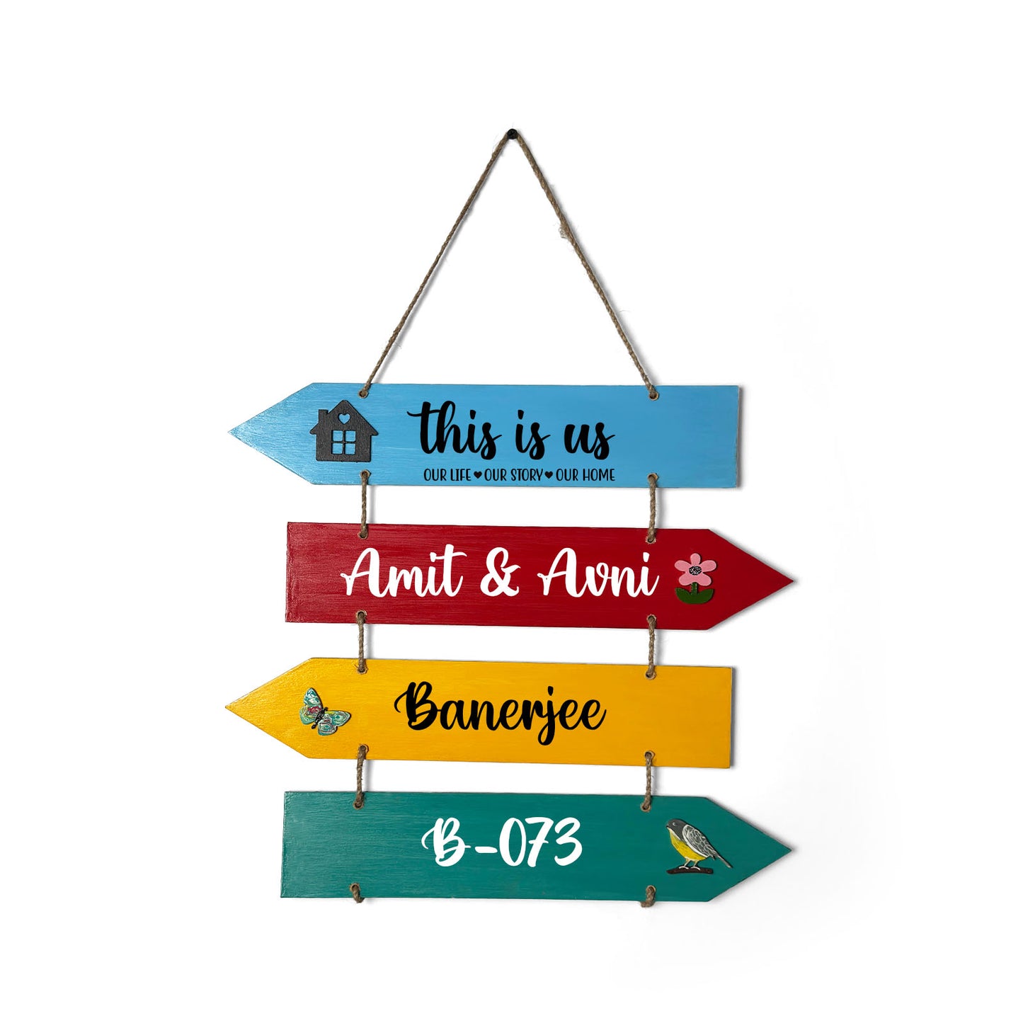 This Is Us Our Life Our Story Our Home  Hand-Painted Wooden Arrow Plank Name Plate For Home - Four Planks