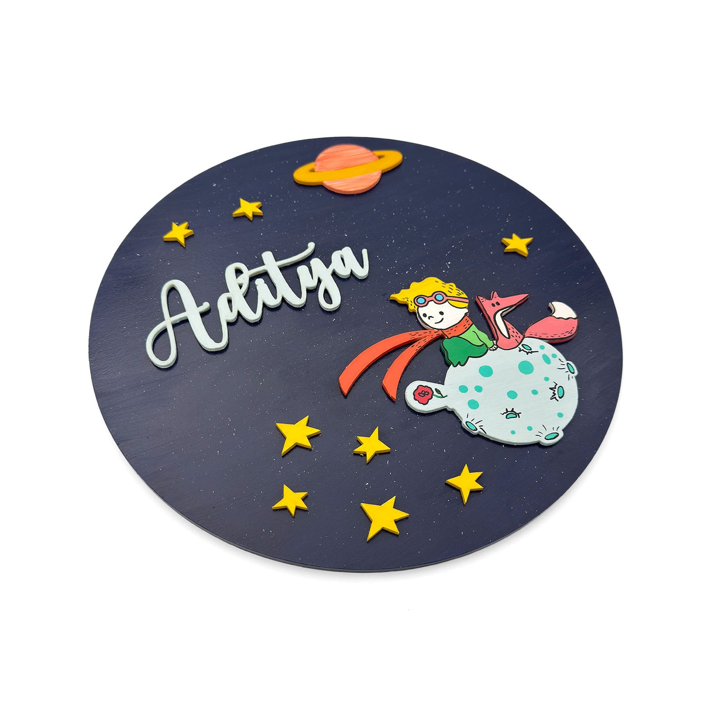 Space Themed Hand-Painted Wooden Round Kids Name Plate - Design 4